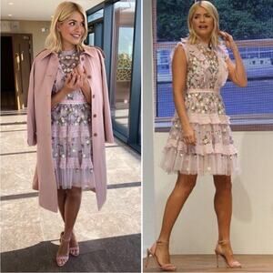 Needle & Thread Embroidered Lattice Ruffle Floral Prism Rose Blush Dress Sz 8